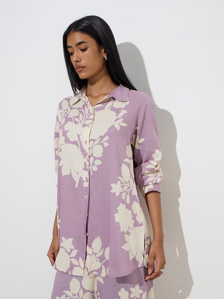 Utsa Purple Floral Printed Ethnic Shirt