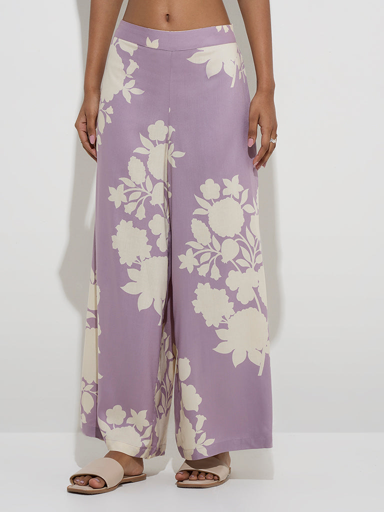 Utsa Purple Floral Design Palazzos