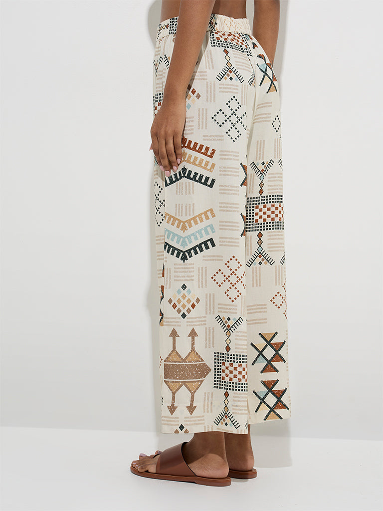 Utsa Light Beige Abstract Design Palazzos