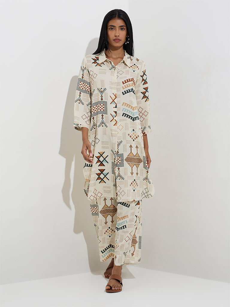 Utsa Light Beige Abstract Design Palazzos