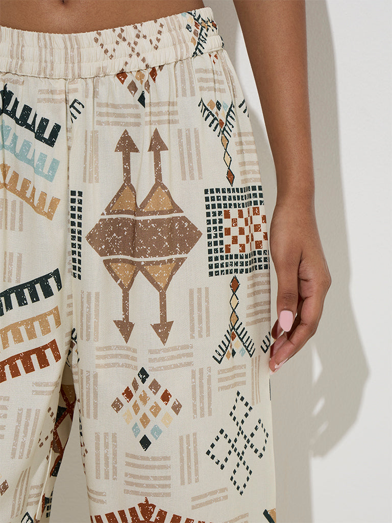 Utsa Light Beige Abstract Design Palazzos