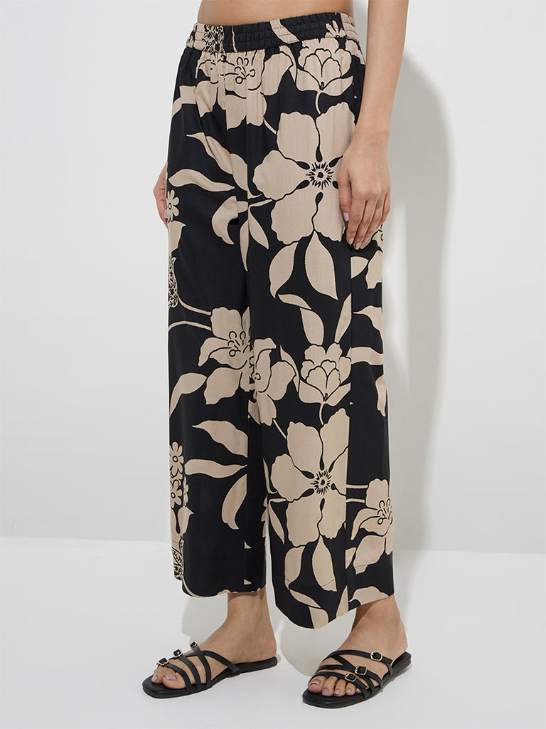 Utsa Black Floral Printed Palazzos