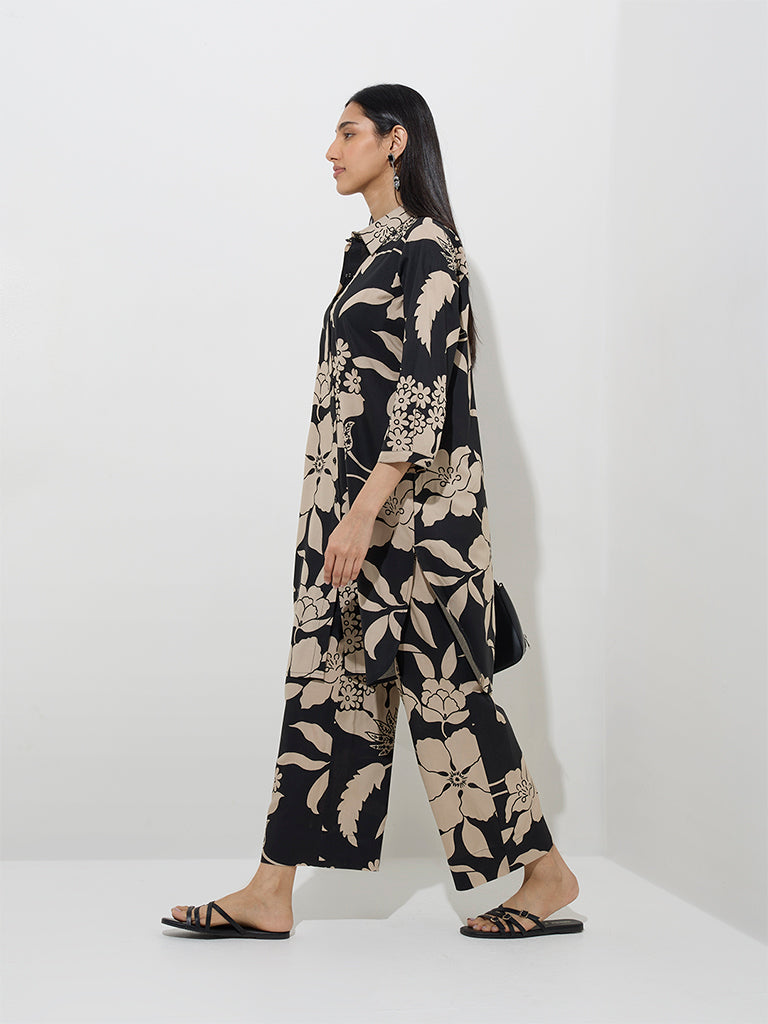 Utsa Black Floral Printed Palazzos