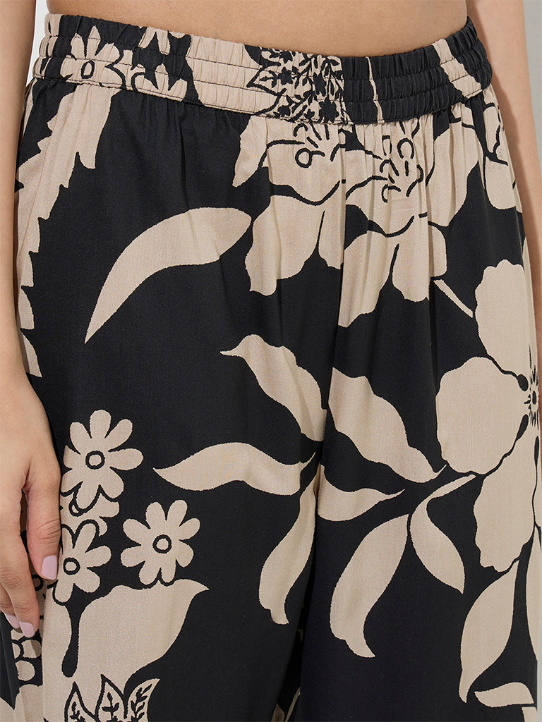 Utsa Black Floral Printed Palazzos