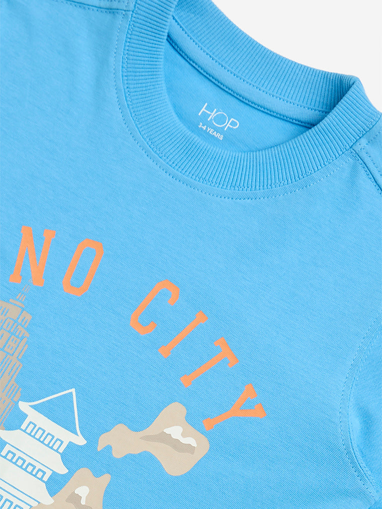 HOP Kids Blue Dinosaur-Themed Cotton T-Shirt