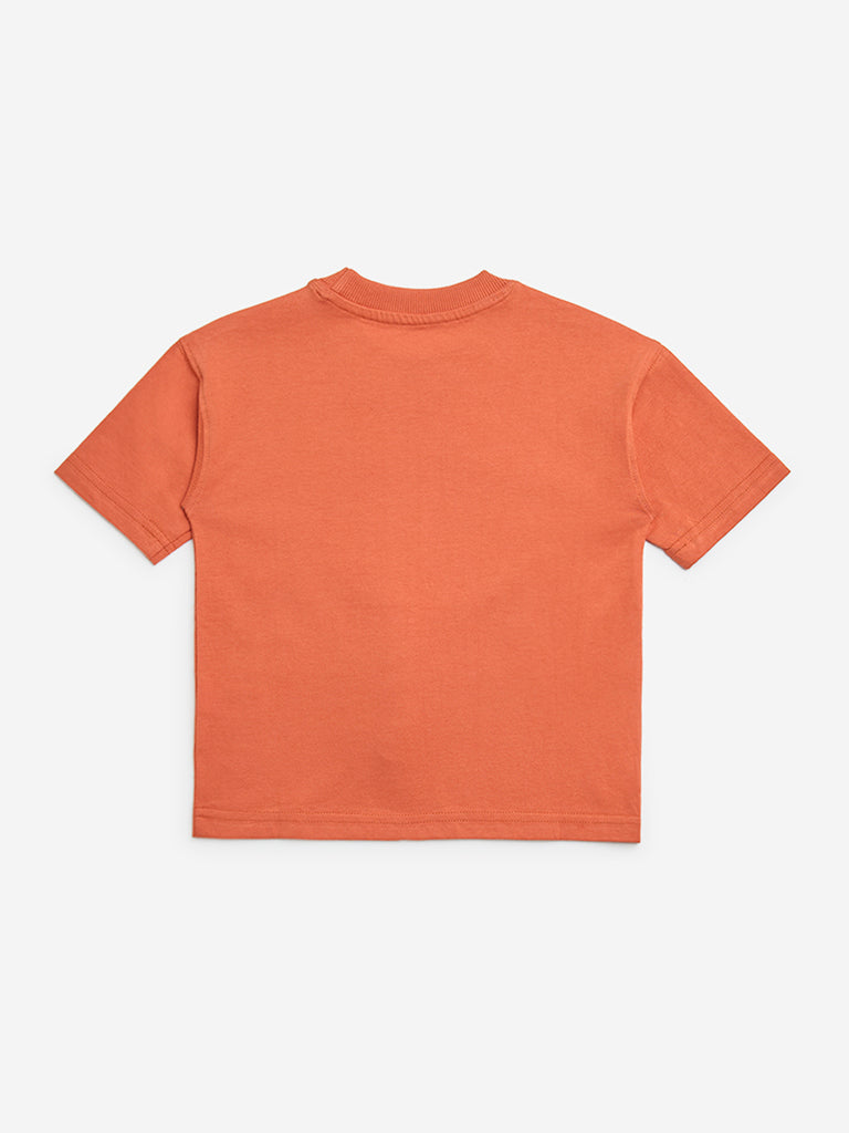 HOP Kids Orange Printed Cotton T-Shirt