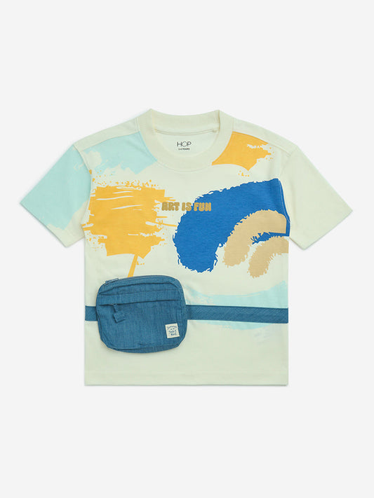 HOP Kids Off-White Pouch-Attached Cotton T-Shirt