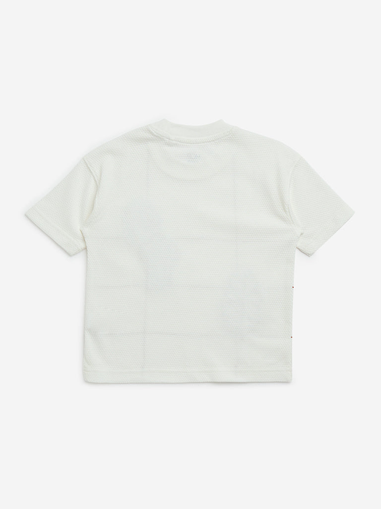 HOP Kids White Embroidered Cotton T-Shirt