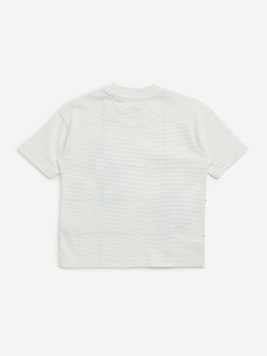 HOP Kids White Embroidered Cotton T-Shirt