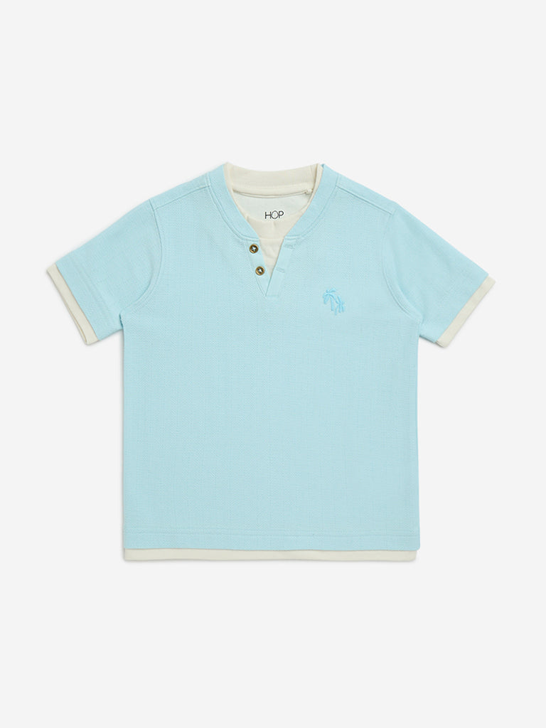 HOP Kids Light Blue Embroidered Cotton T-Shirt