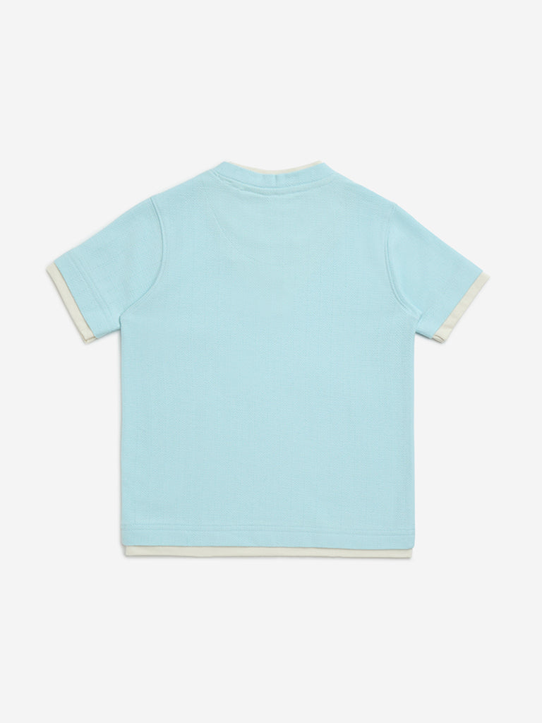 HOP Kids Light Blue Embroidered Cotton T-Shirt