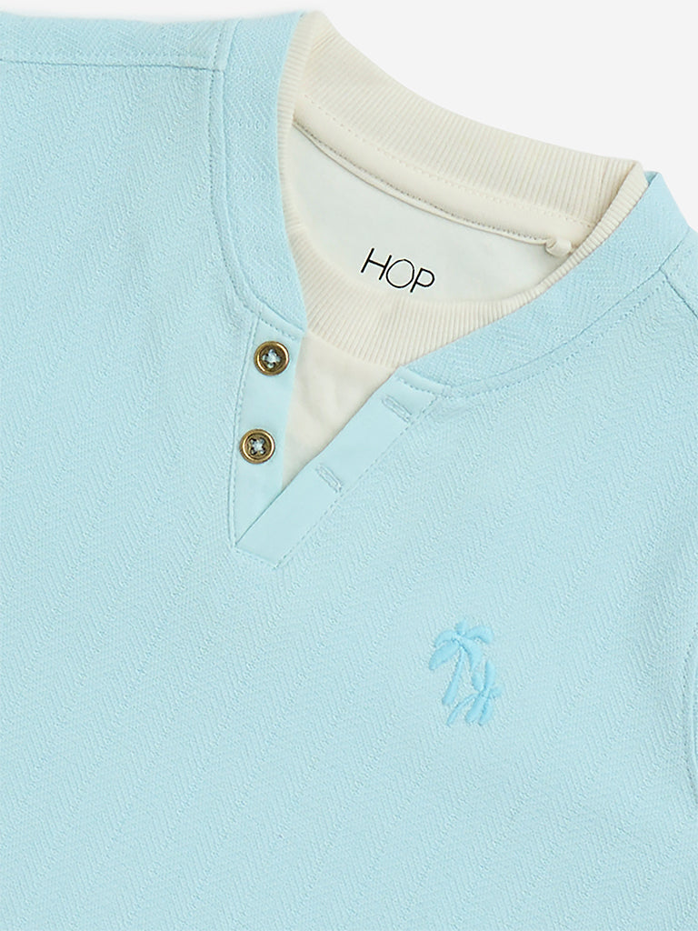 HOP Kids Light Blue Embroidered Cotton T-Shirt