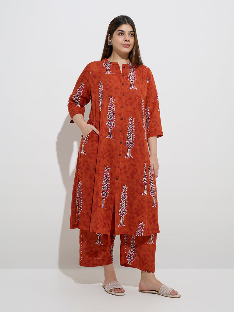Diza Rust Foliage Pattern A-Line Kurta