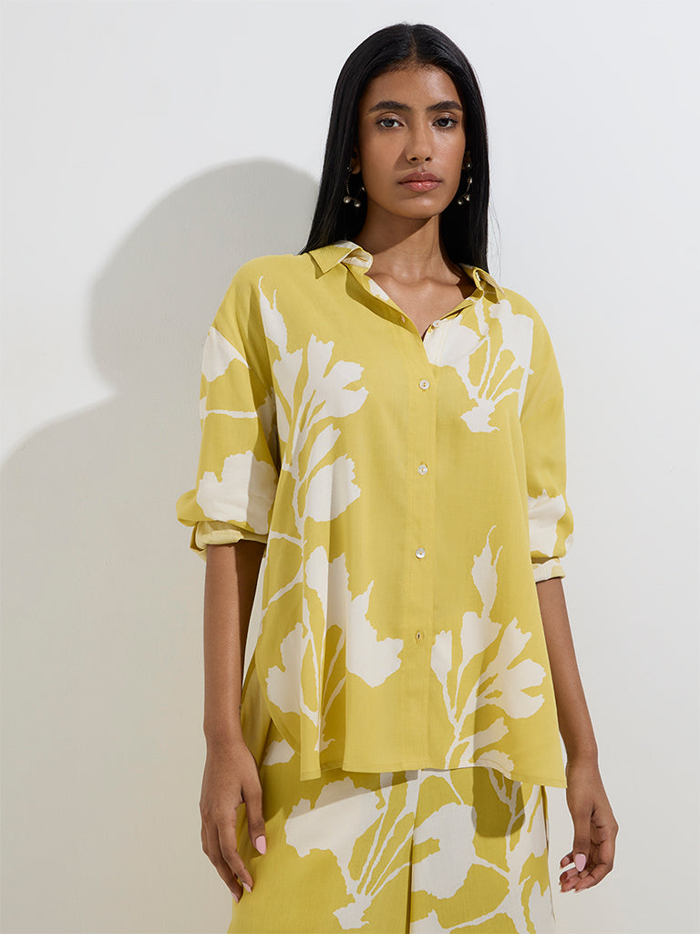 Utsa Yellow Foliage Design Ethnic Shirt