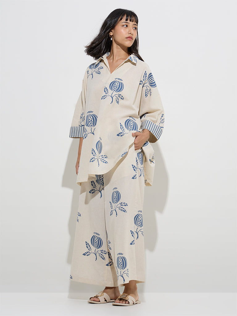Utsa Indigo Botanical Design Cotton-Blend Kaftan