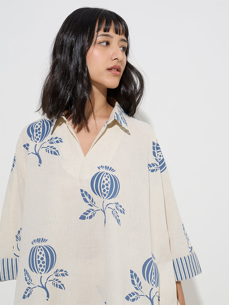 Utsa Indigo Botanical Design Cotton-Blend Kaftan