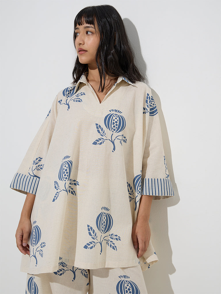 Utsa Indigo Botanical Design Cotton-Blend Kaftan