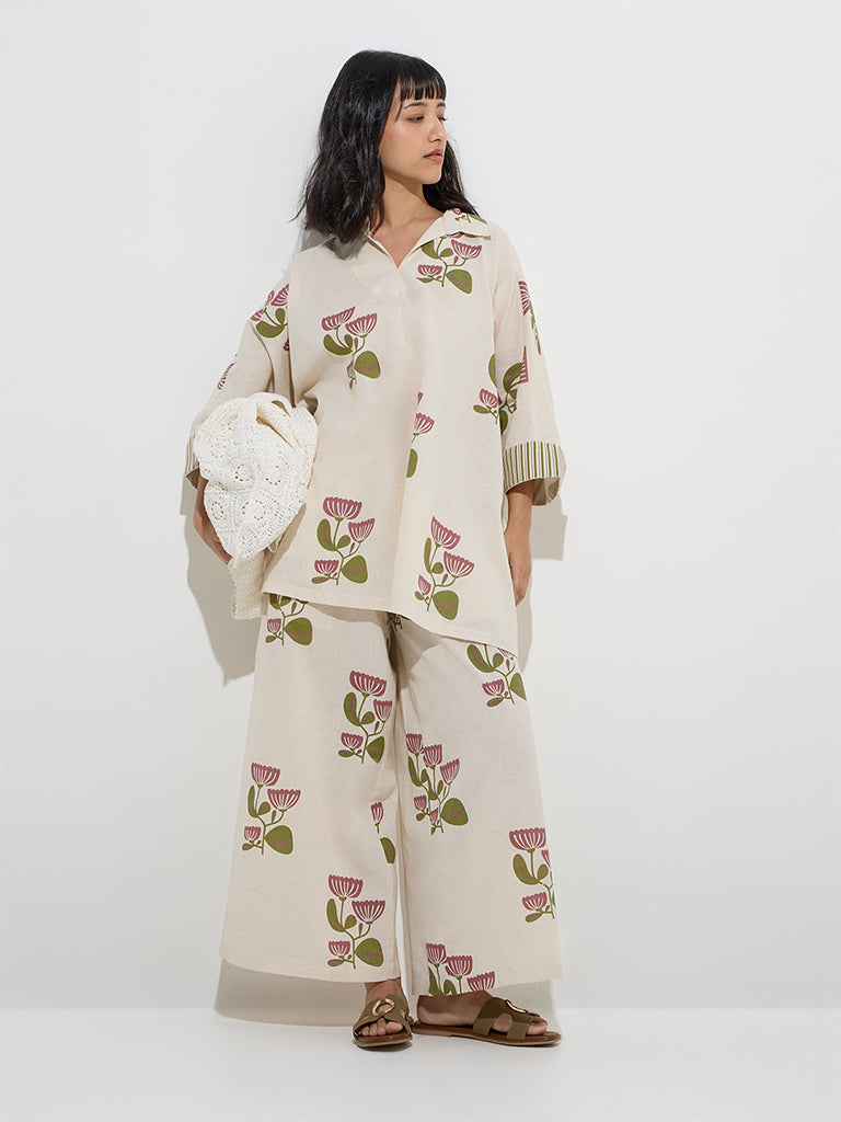 Utsa Off-White Floral Design Cotton-Blend Kaftan