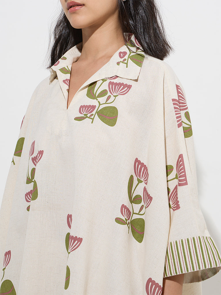 Utsa Off-White Floral Design Cotton-Blend Kaftan