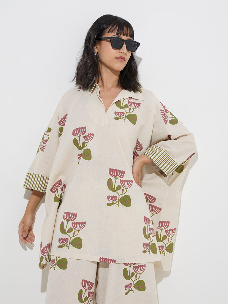 Utsa Off-White Floral Design Cotton-Blend Kaftan