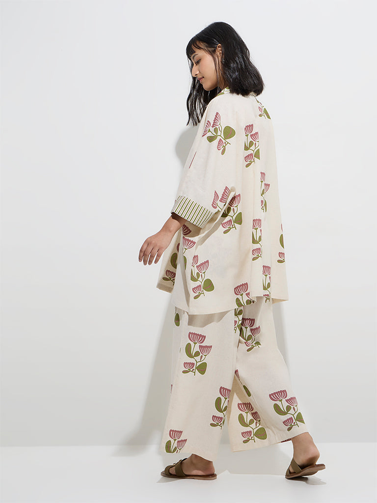 Utsa Off-White Floral Design Cotton-Blend Kaftan