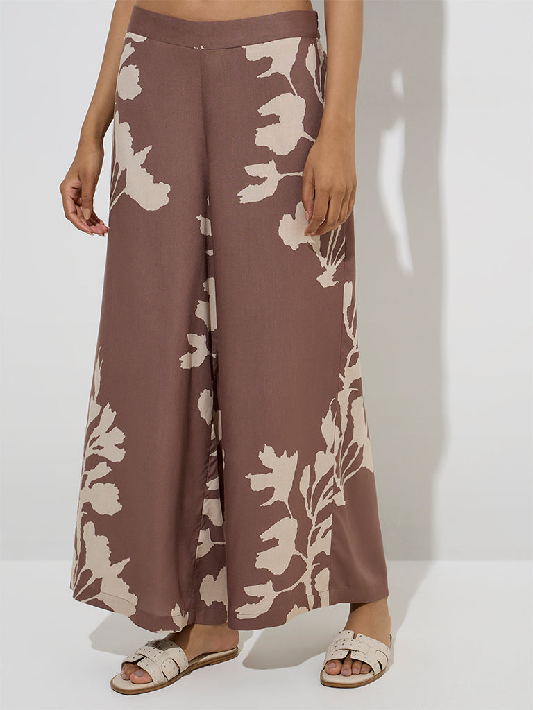 Utsa Brown Foliage Pattern Palazzos