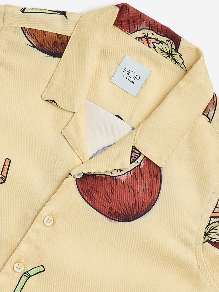 HOP Kids Light Yellow Coconut Printed Resort-Fit Shirt