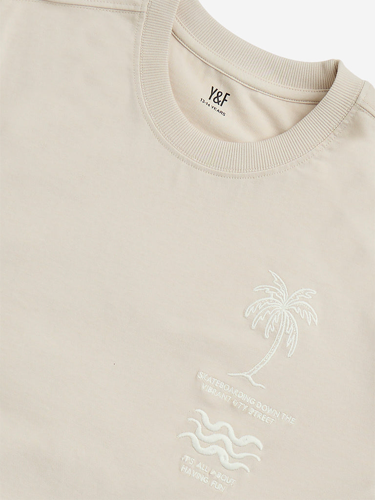 Y&F Kids Cream Beach Embroidered Cotton T-Shirt