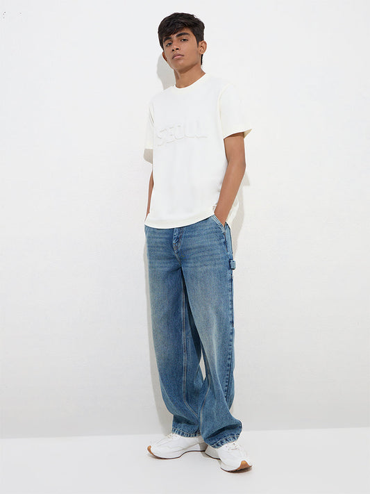 Y&F Kids Off-White Text Embossed Cotton T-Shirt