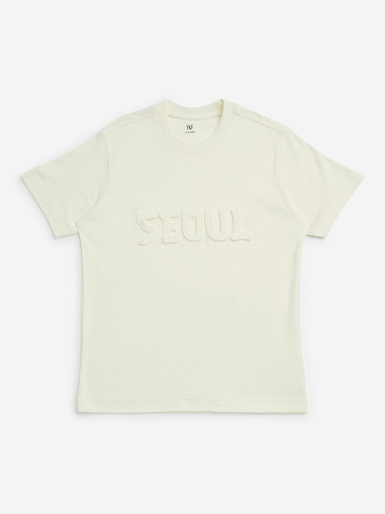 Y&F Kids Off-White Text Embossed Cotton T-Shirt