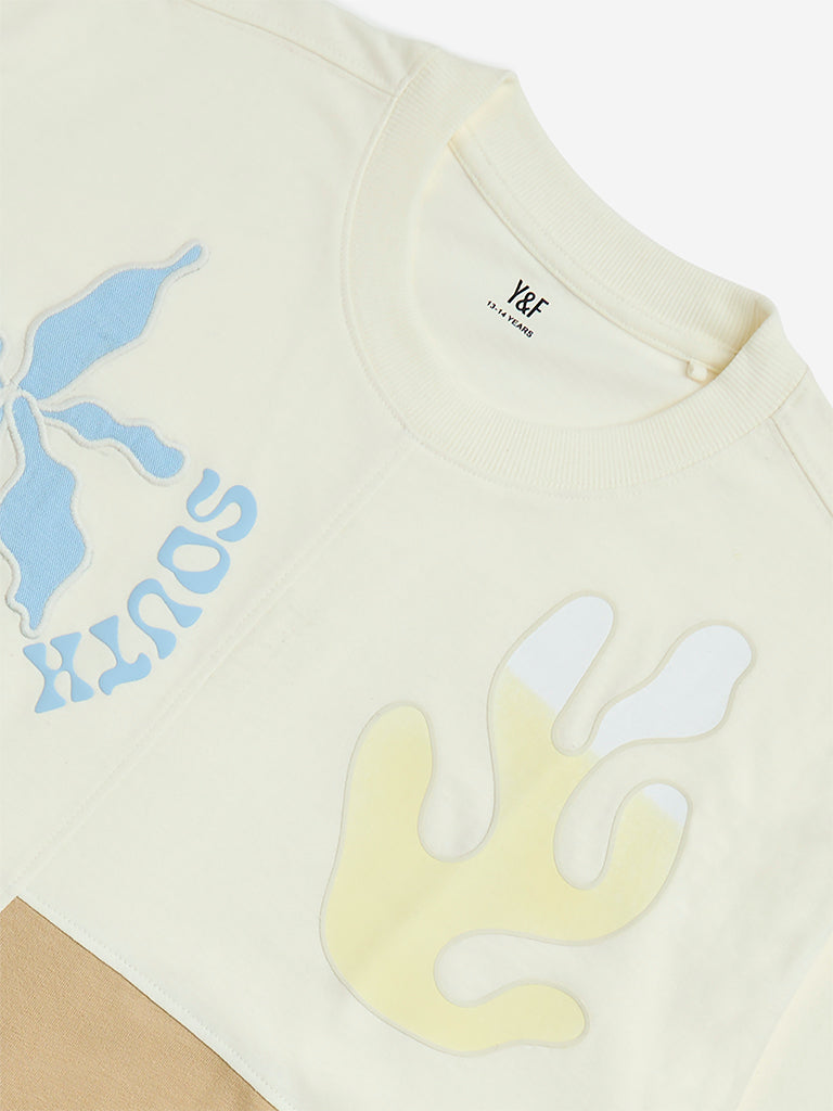 Y&F Kids Off-White Botanical Printed Cotton T-Shirt
