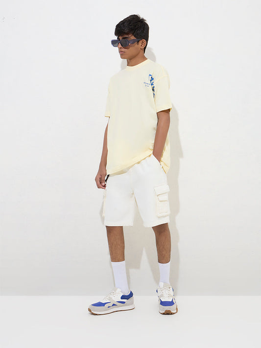 Y&F Kids Light Yellow Japanese Text Printed Cotton T-Shirt
