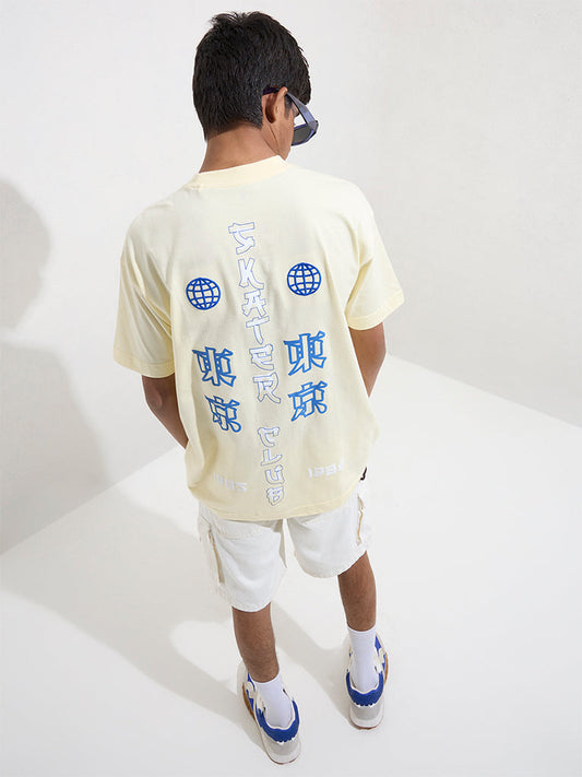 Y&F Kids Light Yellow Japanese Text Printed Cotton T-Shirt