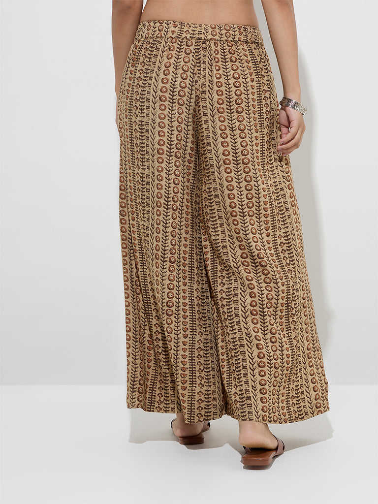 Utsa Beige Butta Striped Palazzos