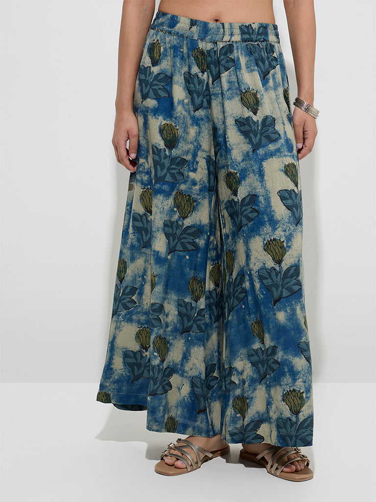 Utsa Blue Floral Pattern Palazzos