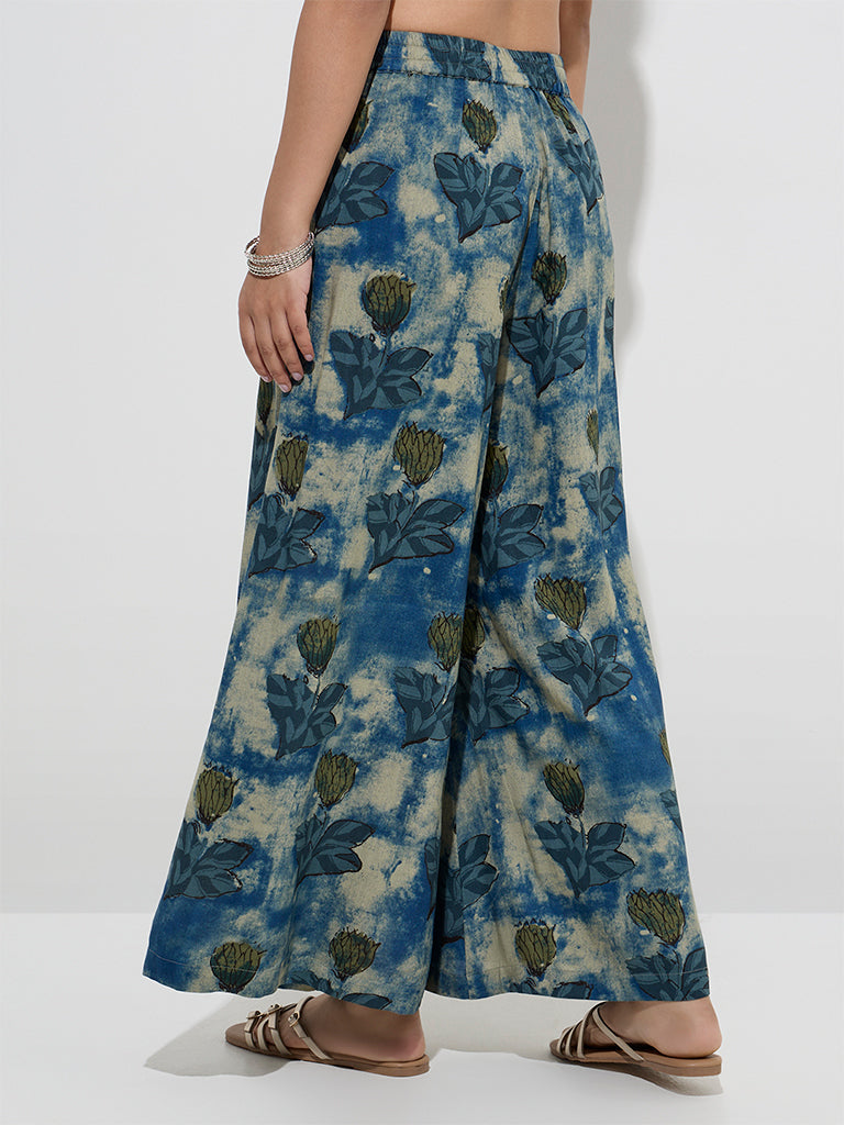 Utsa Blue Floral Pattern Palazzos
