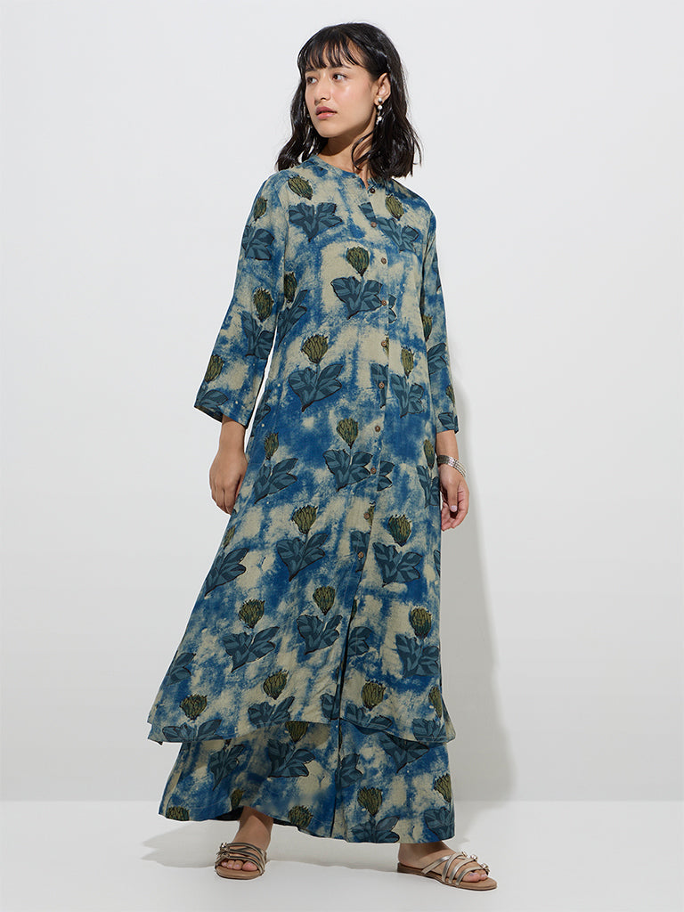 Utsa Blue Floral Pattern Palazzos