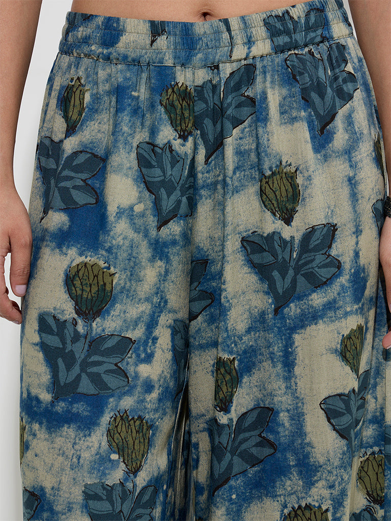 Utsa Blue Floral Pattern Palazzos