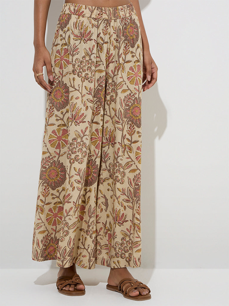 Utsa Beige Floral Design Palazzos