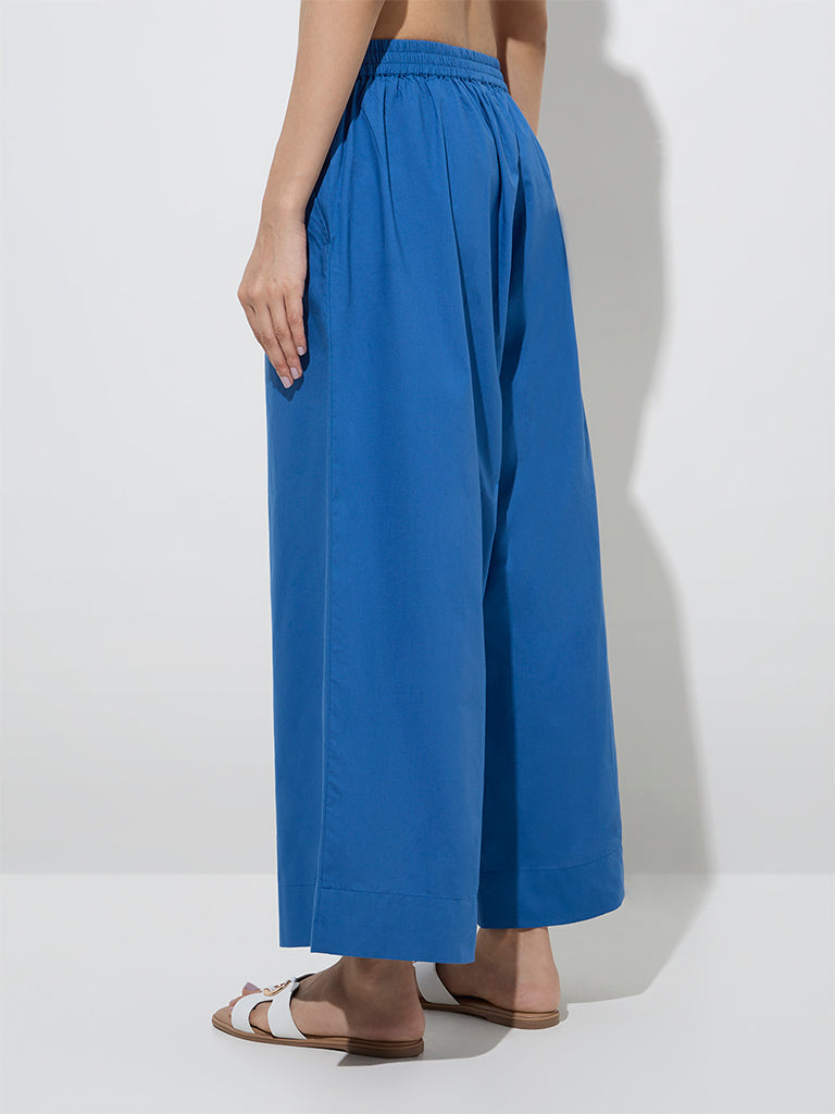 Utsa Blue Solid Cotton Palazzos