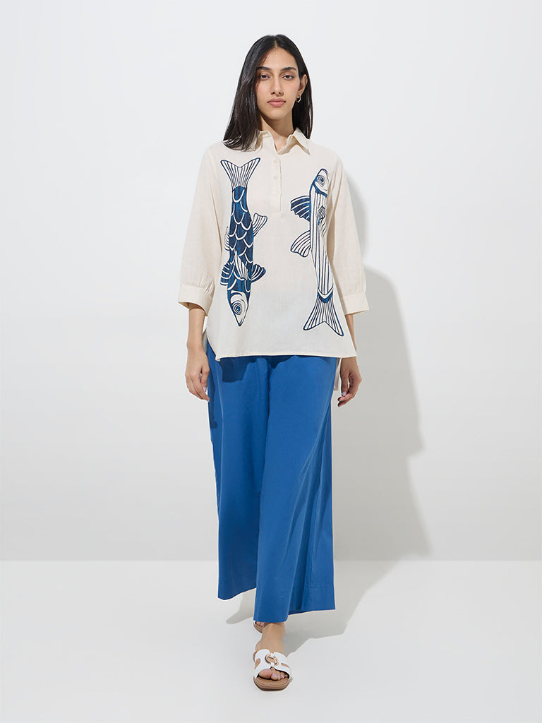 Utsa Blue Solid Cotton Palazzos