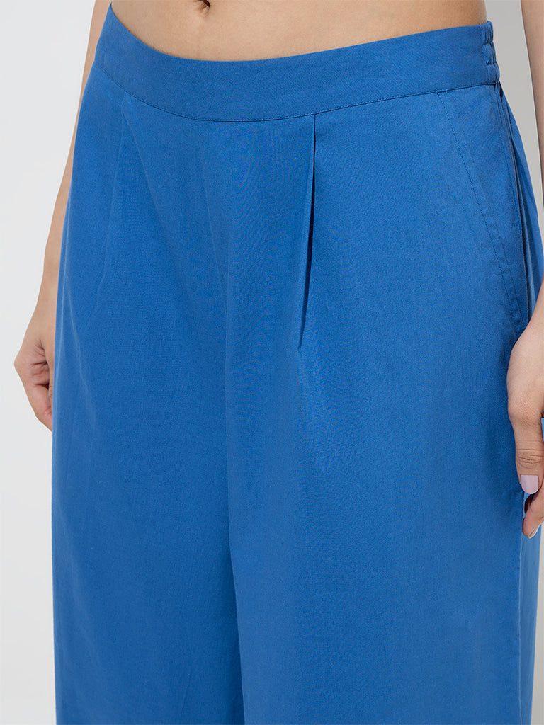 Utsa Blue Solid Cotton Palazzos