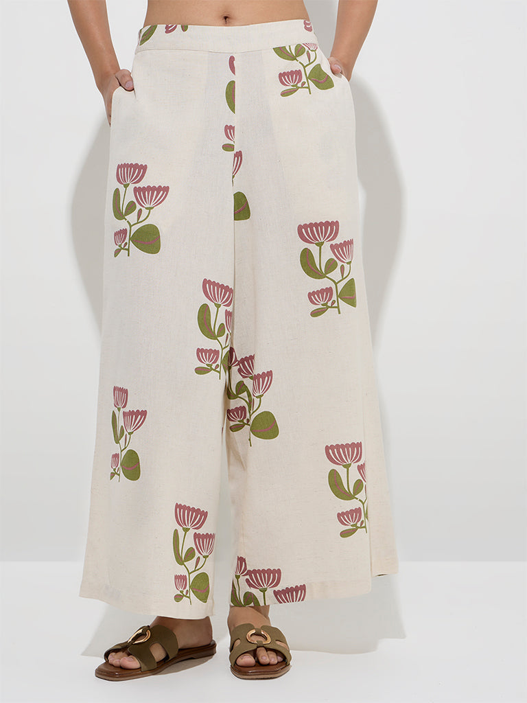 Utsa Off-White Floral Design Cotton-Blend Palazzos