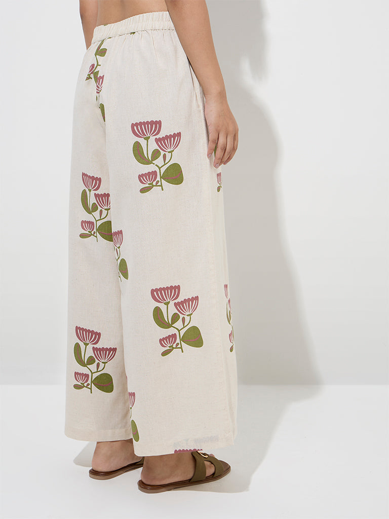 Utsa Off-White Floral Design Cotton-Blend Palazzos