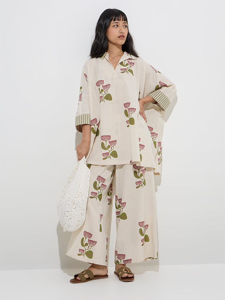 Utsa Off-White Floral Design Cotton-Blend Palazzos