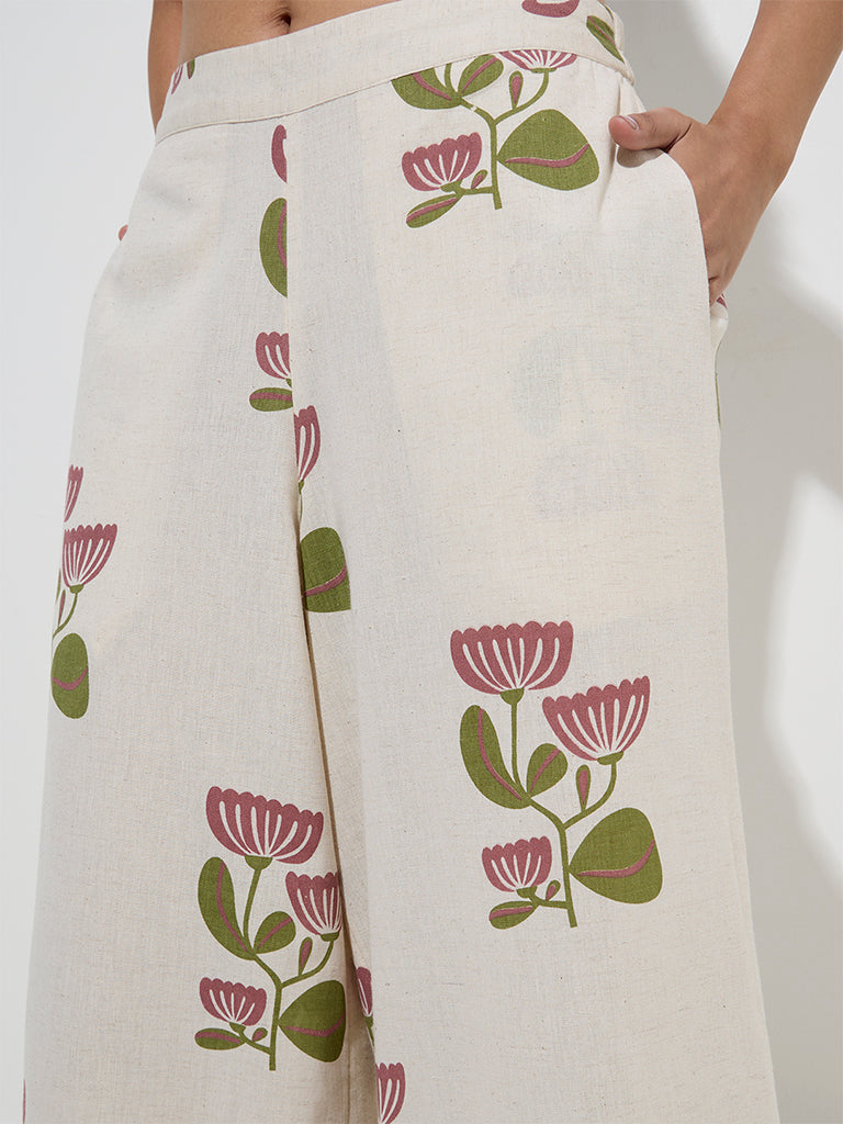 Utsa Off-White Floral Design Cotton-Blend Palazzos