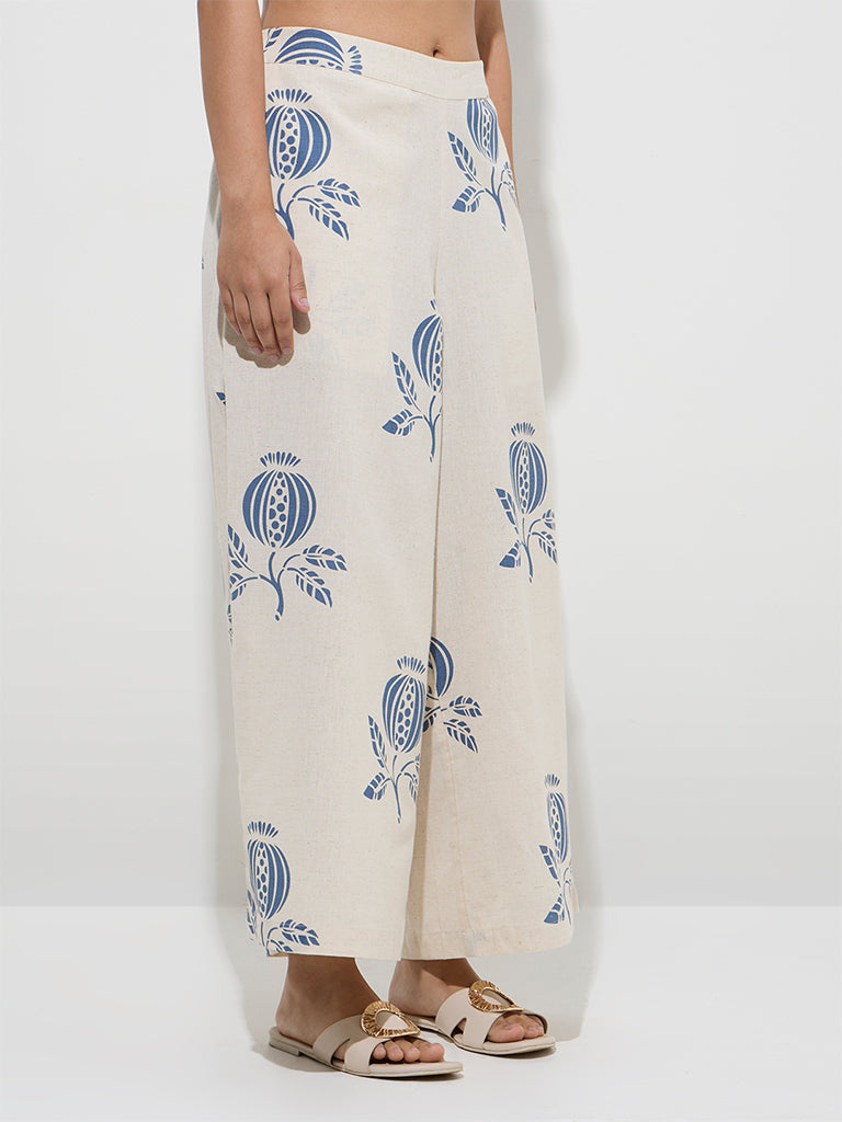 Utsa Indigo Botanical Design Cotton-Blend Palazzos
