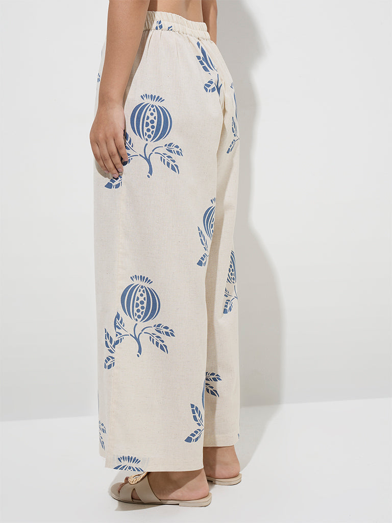 Utsa Indigo Botanical Design Cotton-Blend Palazzos