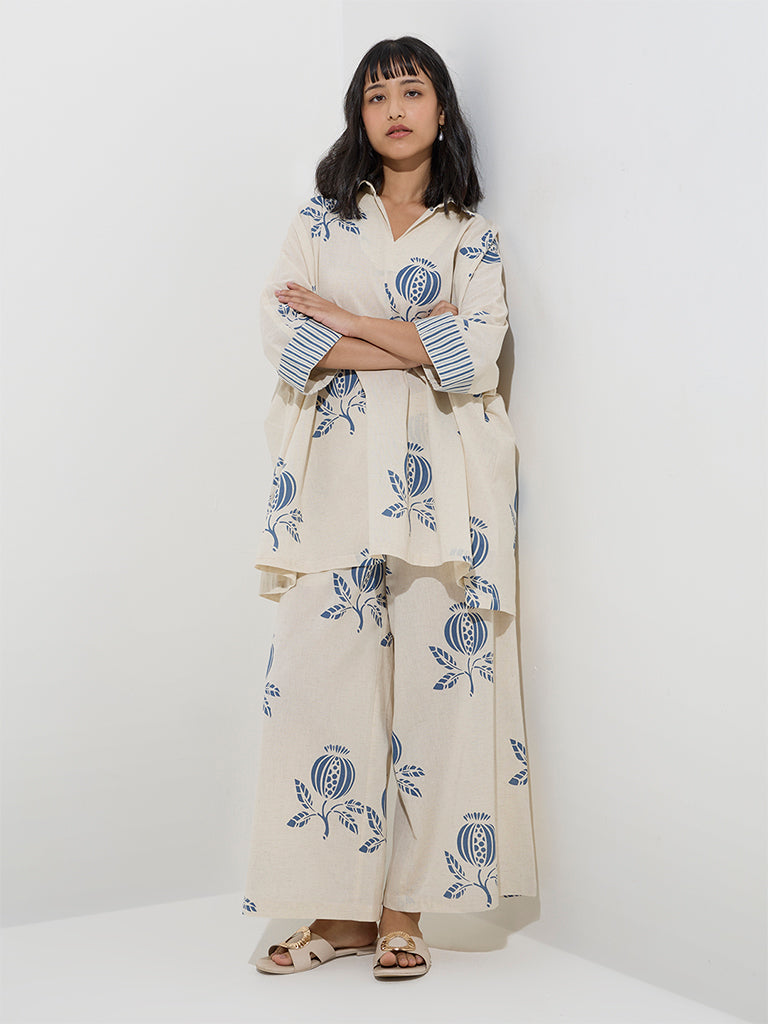 Utsa Indigo Botanical Design Cotton-Blend Palazzos
