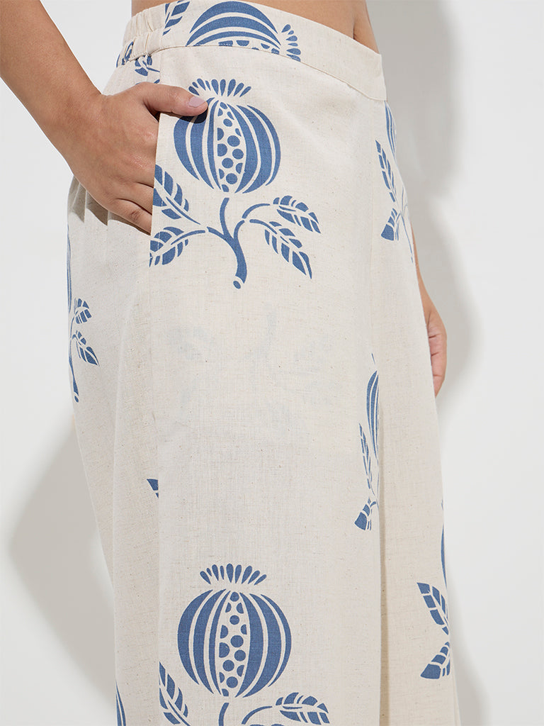 Utsa Indigo Botanical Design Cotton-Blend Palazzos